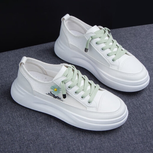 Women's Shoes 2020 Summer Shoes Women's New Mesh Outdoor Breathable Sports Shoes Autumn Casual Shoes Versatile Low-top Shoes Trendy Canvas Shoes Travel White Shoes Heightening Single Shoes YXF-C88 White Green 37