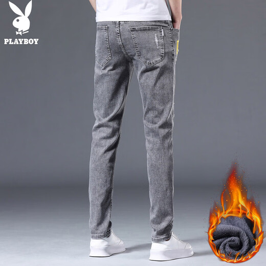 花花公子（PLAYBOY）直筒裤子男牛仔裤潮流时尚韩版修身长裤男百搭休闲纯色小脚裤男士 X-2146HH6636R灰色 加绒 28