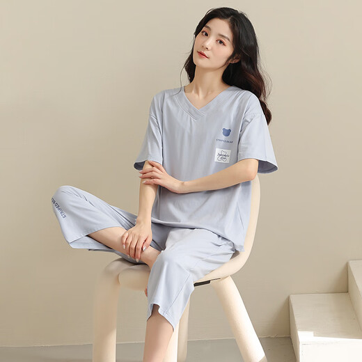
MEIJILAI pajamas women's spring and summer pure cotton short-sleeved cropped pants cotton summer thin women's home clothing large size set 681 L (height 160-165 weight 100-120)