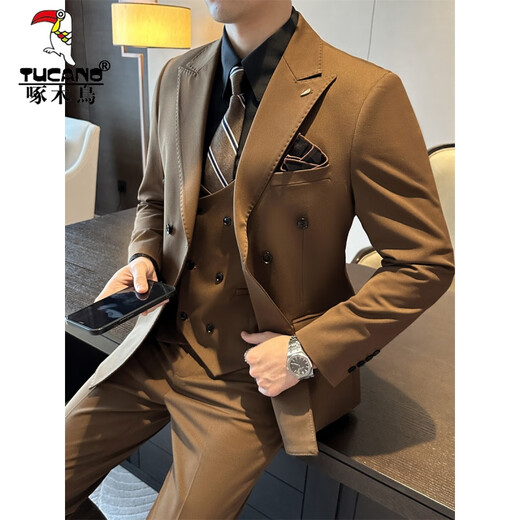 Woodpecker (TUCANO) brown double-breasted suit men's suit British slim men's large size suit three-piece wedding groom's dress trendy dark green (single suit) 50/L (112-125Jin Jin equals 0.5 kg)
