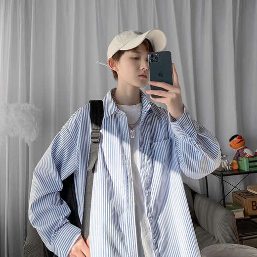 真维斯（Jeanswest）蓝白条纹衬衫男长袖2025新款夏季薄款衬衣港风高级感休闲情侣外套 浅蓝色 L