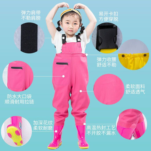 Shanye children's water play one-piece waders kindergarten waterproof clothes for catching the sea children's rain boots men and women fishing rain pants beach children's pink overalls with pockets size 21/27 (shoe inner length 14.5cm)