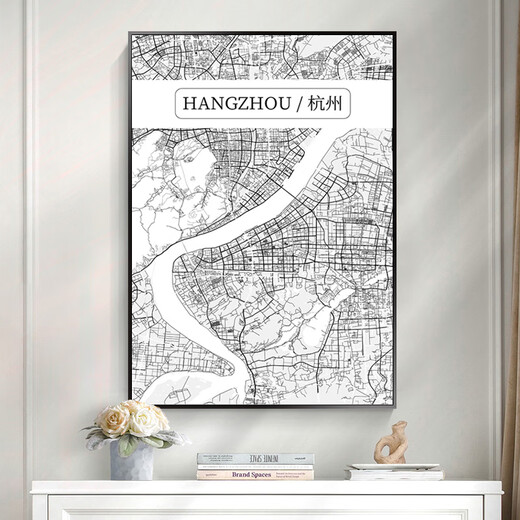 YIJLJ黑白线描城市地图装饰画各省会办公室会议室挂画现代简约客厅壁画 中国地图12173 80*120油画布画面+PS框+黑色框
