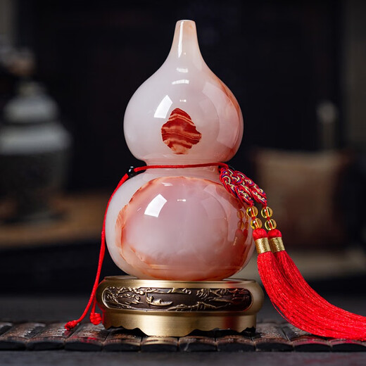 天然玉石葫芦铜玉摆件乔迁开业礼品中国风客厅摆设 13白玉葫芦15807配黄铜底座+流苏