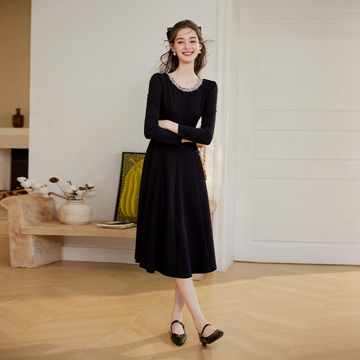 Bailuyu Spring and Autumn Round Neck Contrast Color Bead Chain Little Black Dress Retro Slim Midi Long Sleeve Dress Black XL