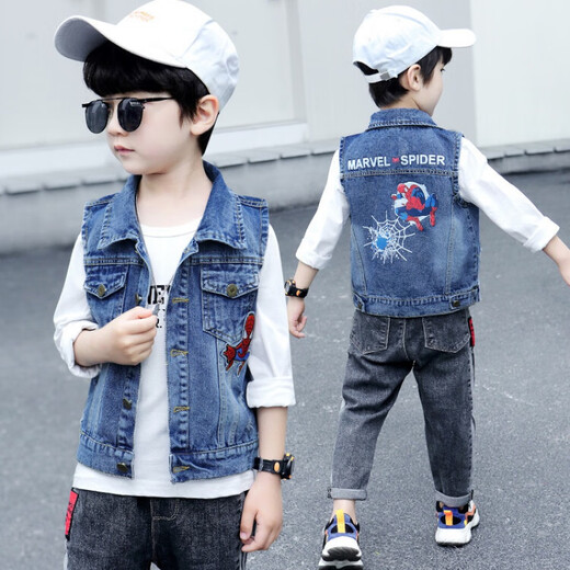 G.Duckkids Kinderkleidung Kinderweste Frühling und Herbst 2023 Neue Jungen Herbst Kleidung Spider-Man Jeans Weste Jacke 9 mittelgroße Kinder Blau 100 Größen 2 ~ 3 Jahre alt [90-100 cm] CM