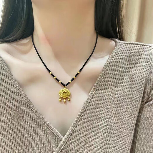 K gold safe lock 18k gold pendant women's braided rope 3D hard gold longevity lock black rope necklace festival black braided rope + gold lock