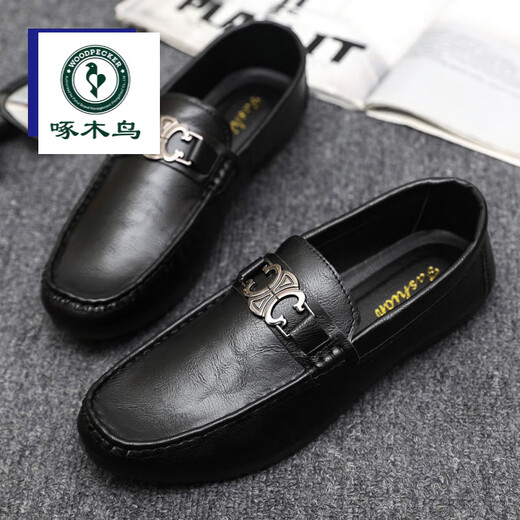 Woodpecker Chaussures masculines en cuir authentique, chaussures de petite cuir noires, une touche de chaussures à la mode, surface en cuir, chaussures de haricots décontractées pour hommes, mocassins pour hommes, YL-D878 Black Flagship Model 44