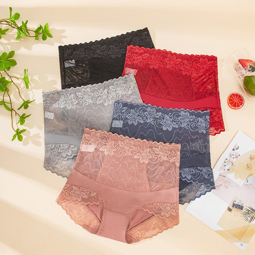 
Perfect couple [4 pairs] Women's underwear, women's sexy lace, high waist, belly-tight, no marks, women's large-size girls' briefs, Nordic blue + retro red + yam pink + black L (suitable for 90-120 Jin [Jin equals 0.5 kg])