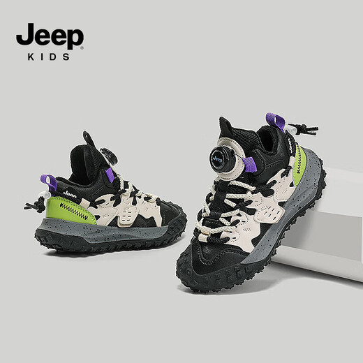 JEEP children's winter leather and velvet second-cotton sports shoes for boys 3-14 years old running shoes black and green 32