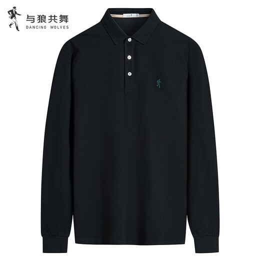 Dances with Wolves 7A Antibacterial Long Sleeve POLO Shirt Men's Autumn and Winter Pure Cotton Commuting Lapel T-shirt Top Men Black 2XL