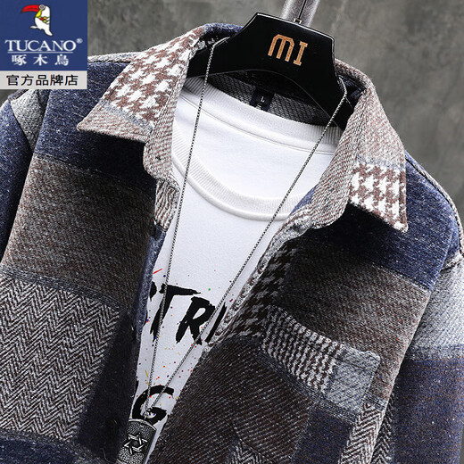 啄木鸟（TUCANO）2025春秋季磨毛衬衫男格子宽松大码潮流百搭衬衣男士休闲外套潮 蓝色 2XL 适合160-180斤