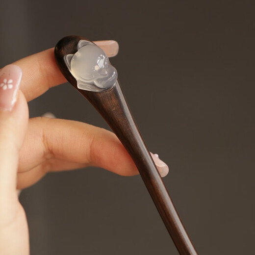 Han Penesi white jade little fox U-shaped ebony hairpin short classic temperament summer gift for girls daily white jade little fox U-shaped hairpin ebony