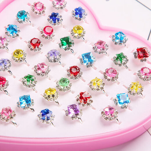 Qumeisi new children's ring ring cartoon girl princess jewelry imitation crystal gemstone girls jewelry gemstone style 36 mix and match box