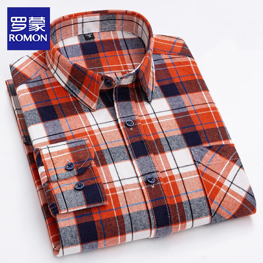 罗蒙（ROMON）全棉磨毛格子男士长袖衬衫休闲百搭中年爸爸装纯棉衬衣加大码外套 亮宝蓝色 R2-866 39【适合125斤左右】