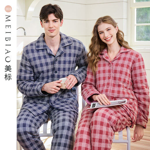 American Standard Couples Three-Layer Thickened Warm Padded Pajamas Set Women's Autumn and Winter Plaid Soft Cotton Can Be Weared Outside Home Clothes Men's Twilight Blue L