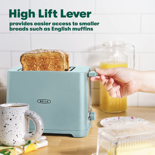BELLA 2-Slice Toaster - Auto Shut-Off Extra-Wide Trough Removable Crumb Tray Cancel/Defrost/Reheat - Light Green