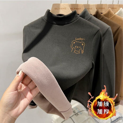 Disney (Disney) velvet thickened bottoming shirt for boys and girls, autumn and winter 2025 German velvet half turtleneck long-sleeved T-shirt, medium and large children's warm top, apricot color bottoming shirt, Doodle bear pattern, thickened 140 cm