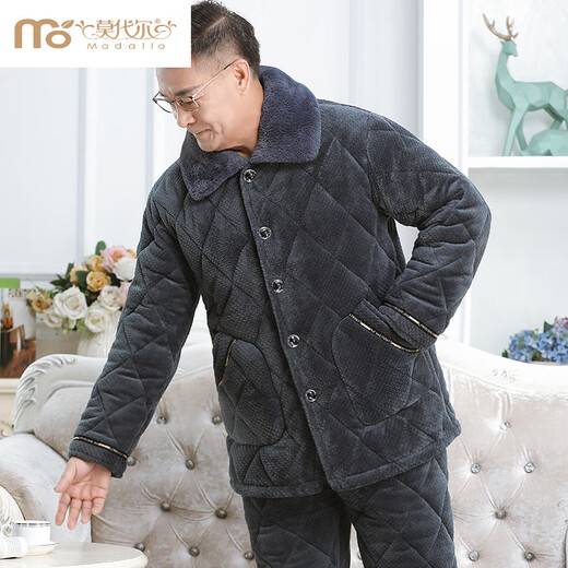 莫代尔中老年男士睡衣冬季加厚加绒珊瑚绒三层夹棉袄大码爸爸保暖家居服 681灰色 三层加厚加绒 2XL 建议140-160斤