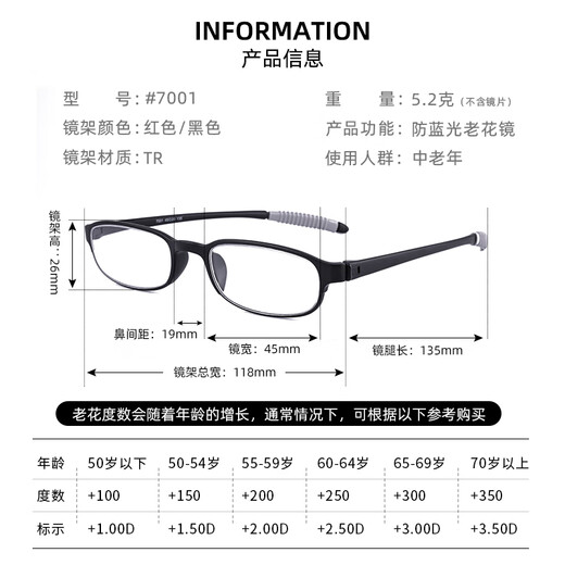 玉品堂老花镜男女通用超轻TR老年人老光眼镜时尚花镜7001黑200度送父母