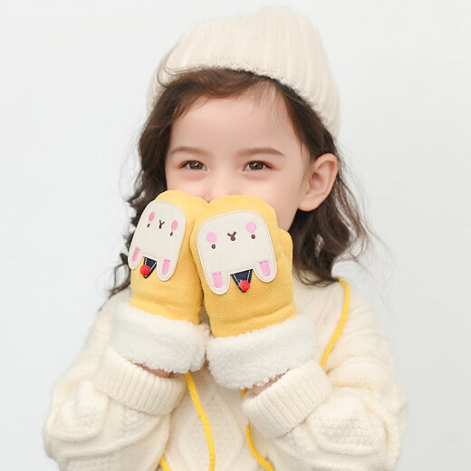 Ouyu children's gloves velvet thickened outdoor warm gloves boys and girls gloves bear children's mittens B1276 yellow