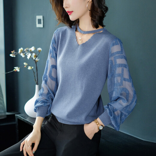 Spring and Autumn New Style Knitwear Women's Long Sleeve Pullover Loose Bottoming Shirt Thin Sweater Outer Top Women's Trendy 93107 Blue L (Recommended 106-119 Jin [Jin equals 0.5 kg])