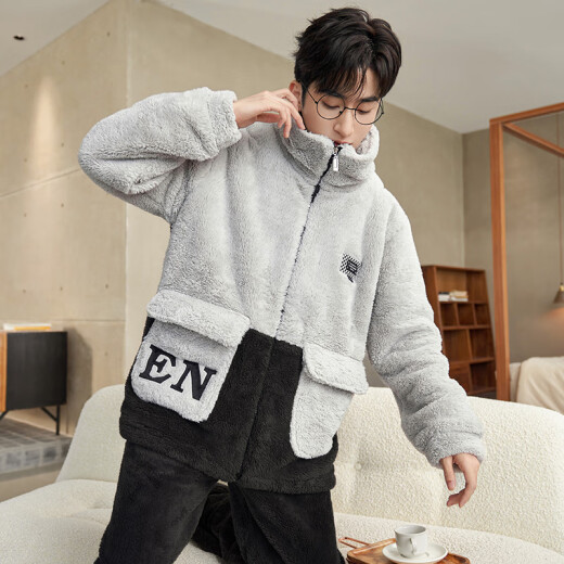 少年情话睡衣男珊瑚绒冬季加绒加厚男款大码棉袄青年保暖可外穿家居服套装 1349N浅灰+黑色 男L(100-135斤)
