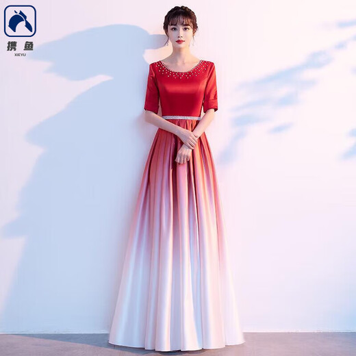 携鱼红歌大合唱团演出服女长裙诗歌朗诵宴会主持人气质显瘦晚礼服 011款式 XL