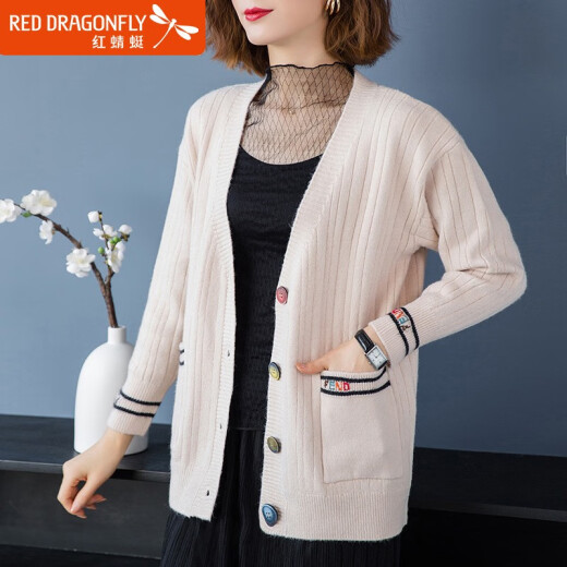 Red Dragonfly Spring and Autumn Knitted Cardigan Fashionable 2020 New Women's Clothing Korean Style Loose Short Top Trendy Sweater Jacket Long Sleeve Fashion WL690-3 Off-White One Size