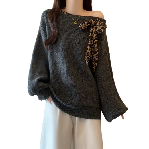 RWNNNI American retro leopard print slanted shoulder sweater for women, autumn and winter style, lazy, loose, Western style, European and American style new style knitted sweater top, gray [Follow the store for priority delivery] S [75-90Jin[Jin equals 0.5kg]]