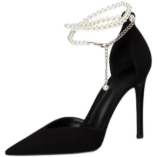 Qiaoyi Spring y Autumn New French Toe Toe Slim High Heels Hada Fairy Style One-Tie Pearl Sandals for Women Black [tamaño 37] (altura del talón 7 cm)