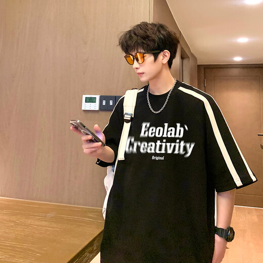 OEMG 美式复古短袖t恤男夏季新款潮流牌青少年五分袖上衣服宽松休闲衫 杏色 2XL [建议140-160斤]