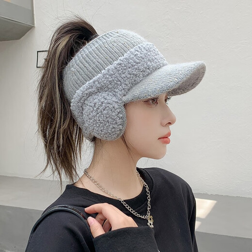 Haoguan peaked cap, winter cycling hat for women, autumn and winter ear protection plus velvet, warm knitted woolen hat, fashionable and versatile, hollow top earmuffs, trendy, coffee color, one size fits all