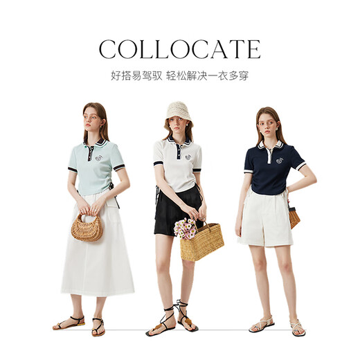 范思蓝恩范思蓝恩学院风polo针织T恤衫女2024夏新款复古经典上衣24FS12370 藏青色 L