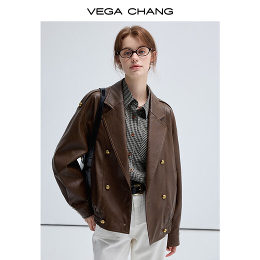 Vega Chang Spring y Autumn Leather Jacket for Women 2025 New Retro Wilderness Marrard Jacket Motorcycle Brown L