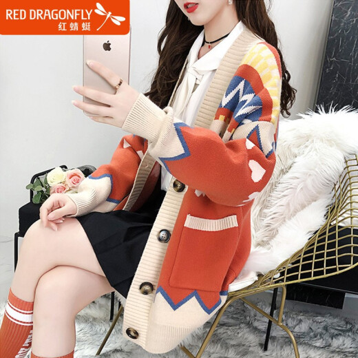 Red Dragonfly Knitted Sweater Women's 2020 Autumn and Winter New Women's Mid-Length Cardigan Loose Large Size V-neck Knitted Sweater Top Lazy Style Thickened Jacket Women Orange Please Take the Correct Size