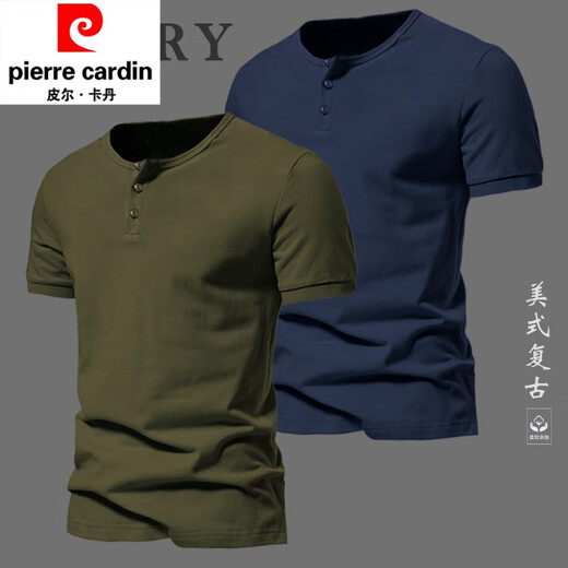 皮尔卡丹（pierre cardin）美式复古亨利领男士工装短袖t恤亨利衫棉质上衣硬汉半袖重磅军绿 RV082军绿色 S (120-130斤)
