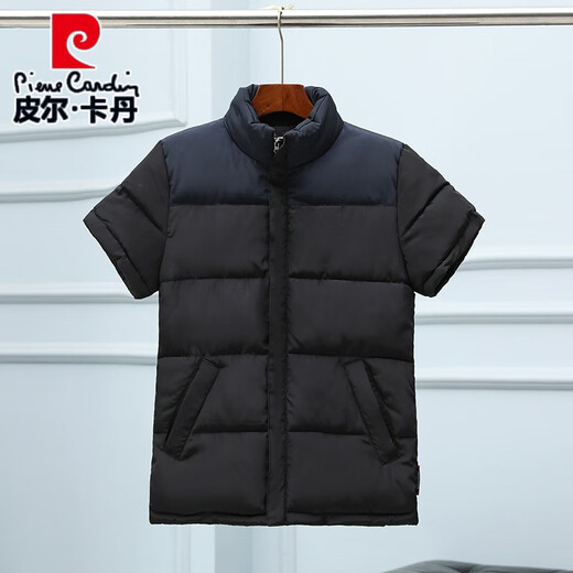 Pierre Cardin half-sleeved down cotton vest for middle-aged and elderly men stand-up collar waistcoat plus fat plus size vest short-sleeved cotton jacket for outer wear YH908 black 4XL recommended 145-165Jin Jin equals 0.5 kg