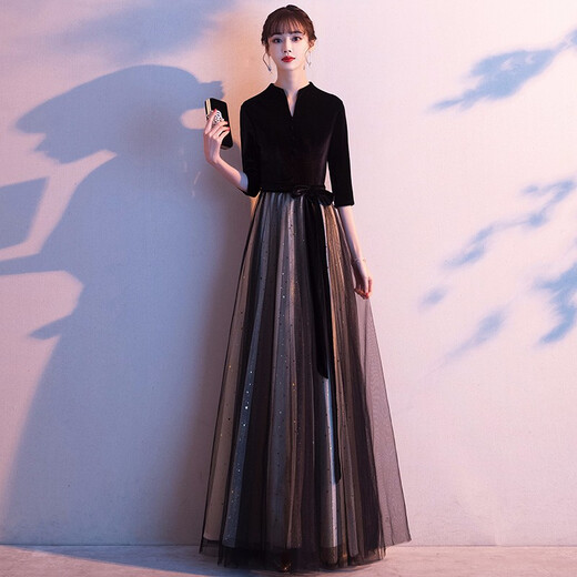 Maxbeth Evening Dress Women's New Noble Temperament Black Long Banquet Fairy Fantasy Female Chorus Performance Costume Black M