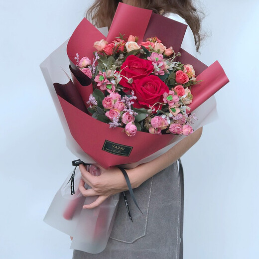 毕业手捧花拍摄假花道具交车年会节日仿真花束颁奖迎宾生日礼物女 酒红色