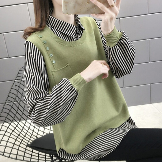 Xinqitian shirt women's top 2020 new autumn women's Korean style temperament casual loose slim fashion printed striped stitching knitted shirt top women's picture color M (recommended 95-105Jin [Jin equals 0.5 kg])