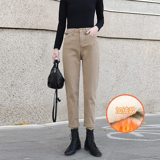 
Mushi Demi white plus velvet jeans for women straight loose new versatile autumn and winter high waist slimming nine-point casual cigarette pants khaki single button (plus plus velvet) 13588 27