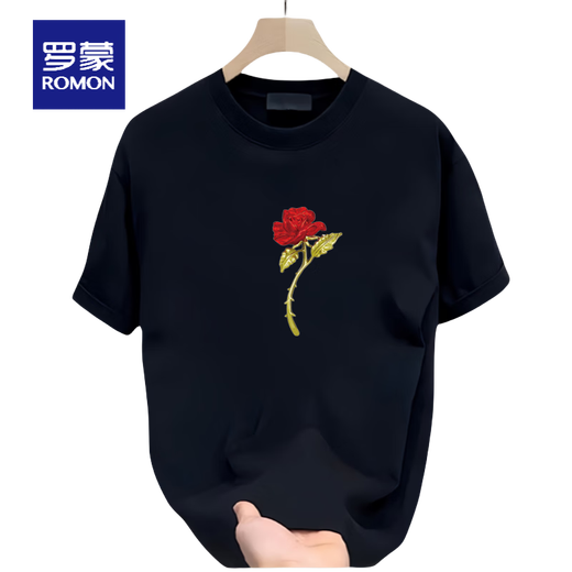 
ROMON short-sleeved T-shirt for men and women couples wear trendy round neck printed T-shirt cotton simple loose versatile half-sleeved top summer black front large picture K1049 single red rose M recommended 100-120 Jin [Jin equals 0.5 kg]