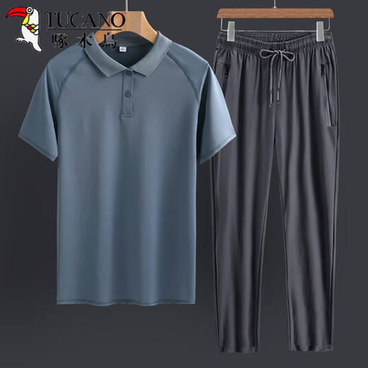 Padre de carpintero de mediana edad Papá de mediana edad seda de seda informal deportes casuales de verano para hombres camiseta de manga corta de la camiseta de mediana edad del juego de dos piezas 8790 ropa gris oscuro + 9922 pantalones grises m