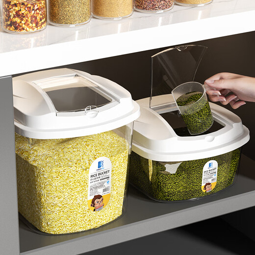 Liangbao household rice bucket 50 Jin Jin equals 0.5 kg, thickened 30 Jin Jin equals 0.5 kg, moisture-proof and insect-proof sealed storage box 10 Jin Jin equals 0.5 kg, rice storage box rice tank flour, white blue lid - free rice scooping cup 10 Jin Jin equals 0.5 kg