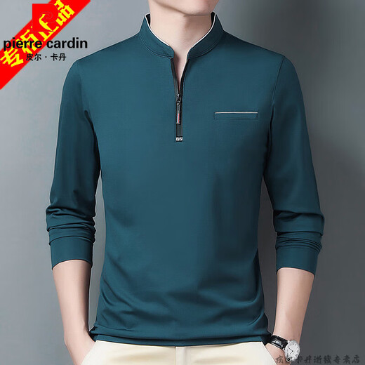 
Pier Cardin brand long-sleeved T-shirt for men's pure cotton stand collar autumn new men's thin middle-aged and young large-size men's base shirt T [Length] 6625 black true pocket XL 175/88A