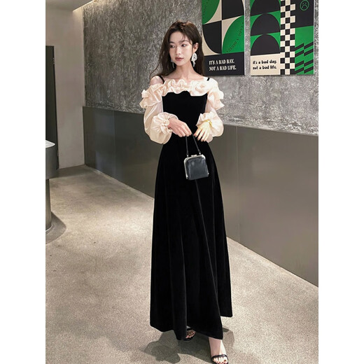 Vestido de noche de banquete de carpintero de carpintería de un hambre de otoño e invierno anfitrión de oro de terciopelo dibujado negro para adultos negro m rojo