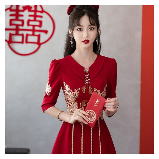 Новое китайское тост -костюм Seidler Burgundy Wedding Wedding Bress обычно можно носить, чтобы вы выглядели стройными. Burgundy XL (рекомендуется 116-125 JIN [JIN равен 0,5 кг])