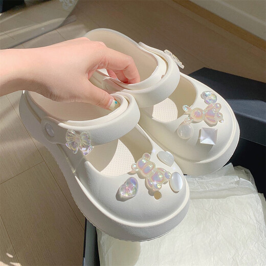 细细条（XIXITIAO）仙女洞洞鞋春夏时尚网红外穿甜美水钻玛丽珍拖鞋沙滩鞋ins 奶油白 35-36