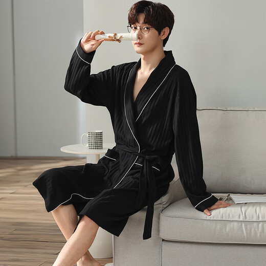 Sherceman men's nightgown men's spring cotton thin large size loose yukata solid color long simple home clothing XL